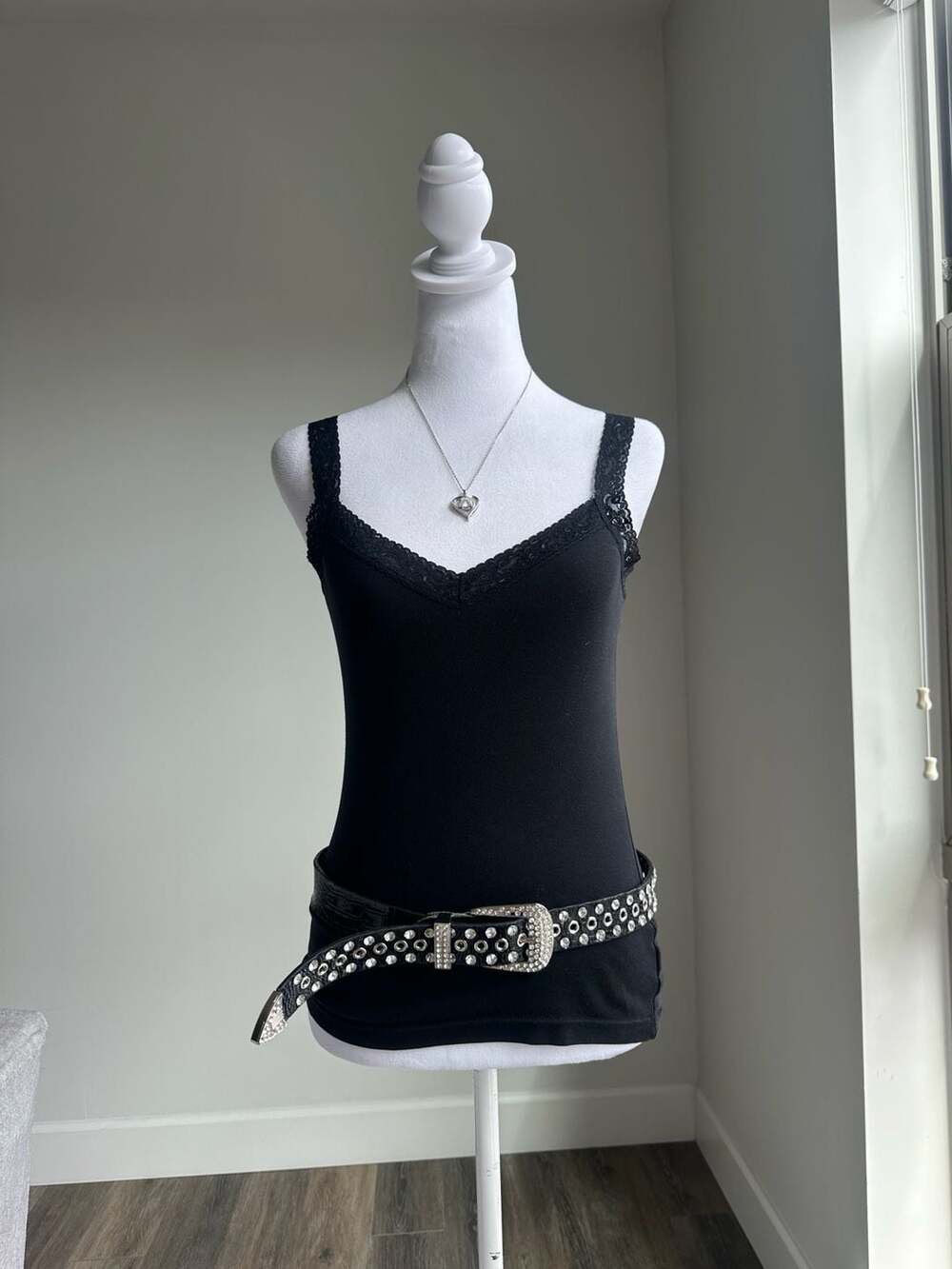 Black Rhinestone and Grommet Embellished Faux Croc Belt